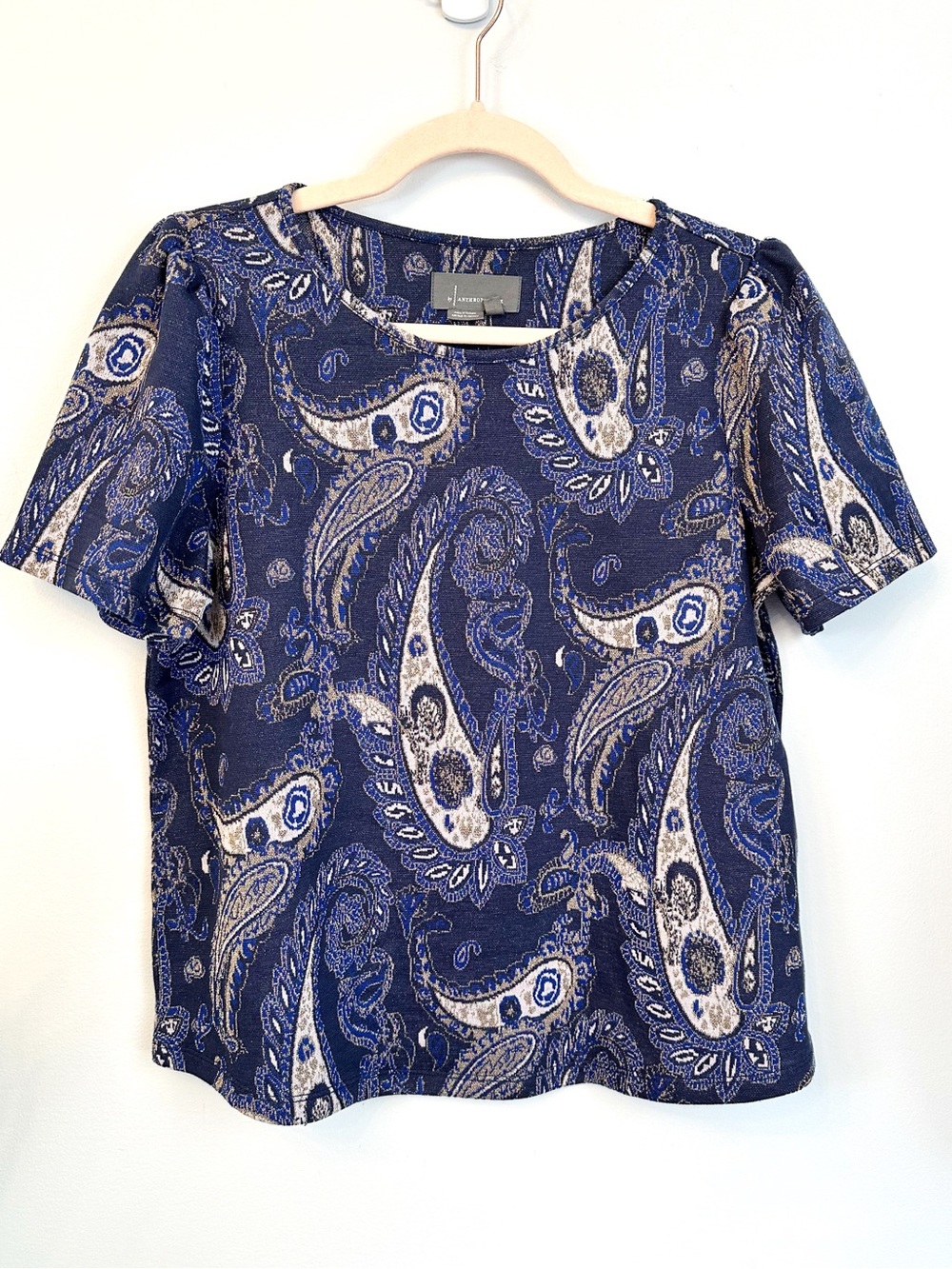 Anthropologie Celestial Blue Metallic Paisley Blouse with Puff Sleeve Detail B2